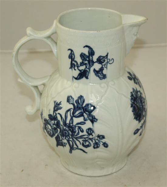 A Worcester Natural Sprays Group pattern blue and white mask jug, c.1765-70, 20.5cm